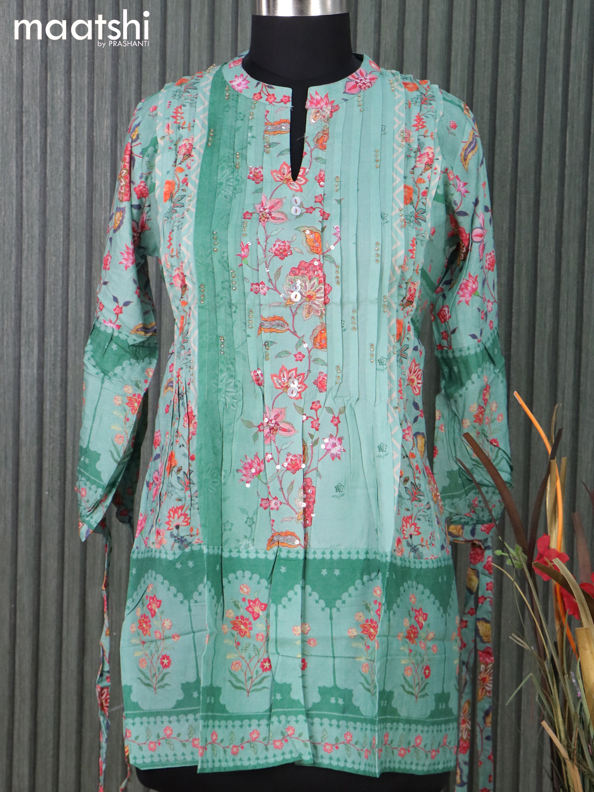 Rayon readymade short kurti pastel green with allover prints & beaded work neck pattern without pant