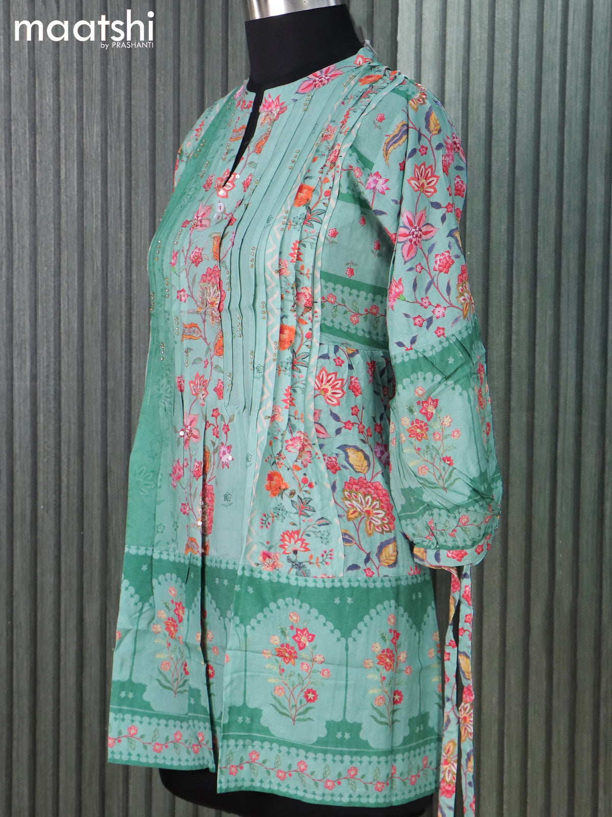 Rayon readymade short kurti pastel green with allover prints & beaded work neck pattern without pant