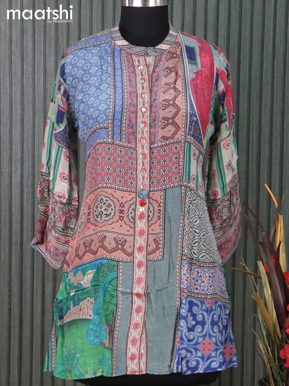 Muslin readymade short kurti multi colour with allover prints & beaded work neck pattern without pant