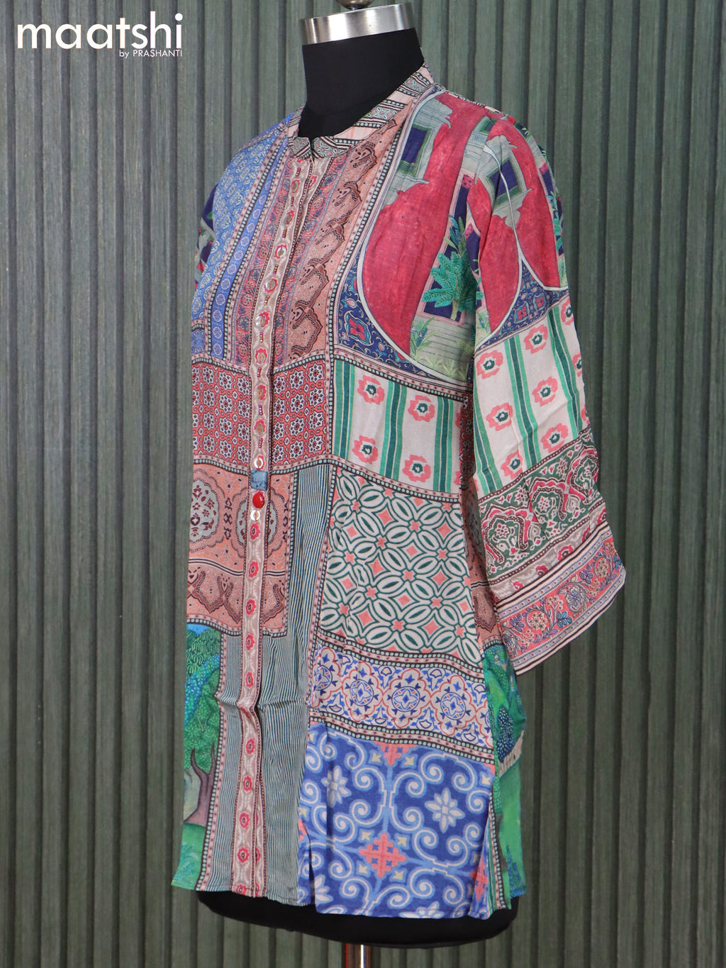 Muslin readymade short kurti multi colour with allover prints & beaded work neck pattern without pant