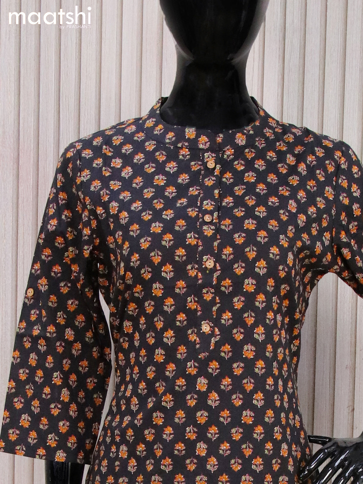 Cotton readymade kurti black with allover floral butta prints without pant