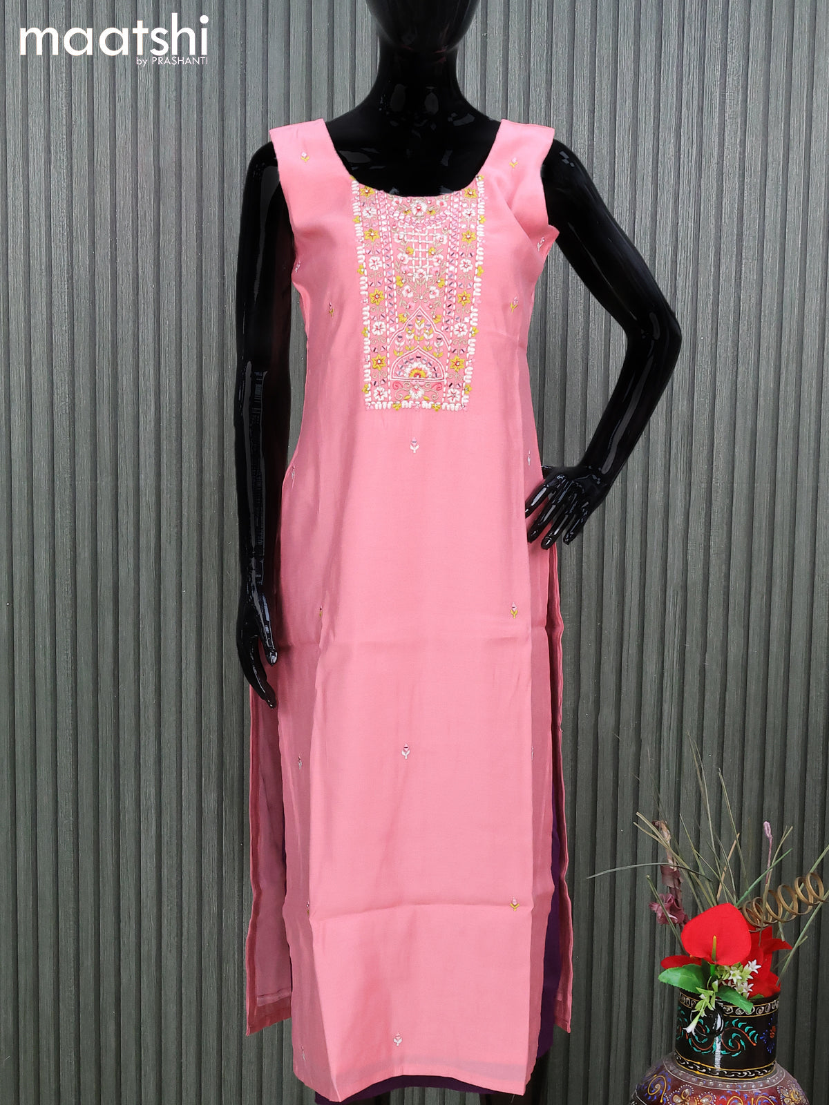 Raw silk salwar suit pink with embroidery mirror work neck pattern and straight cut pant & organza dupatta - sleeves attached