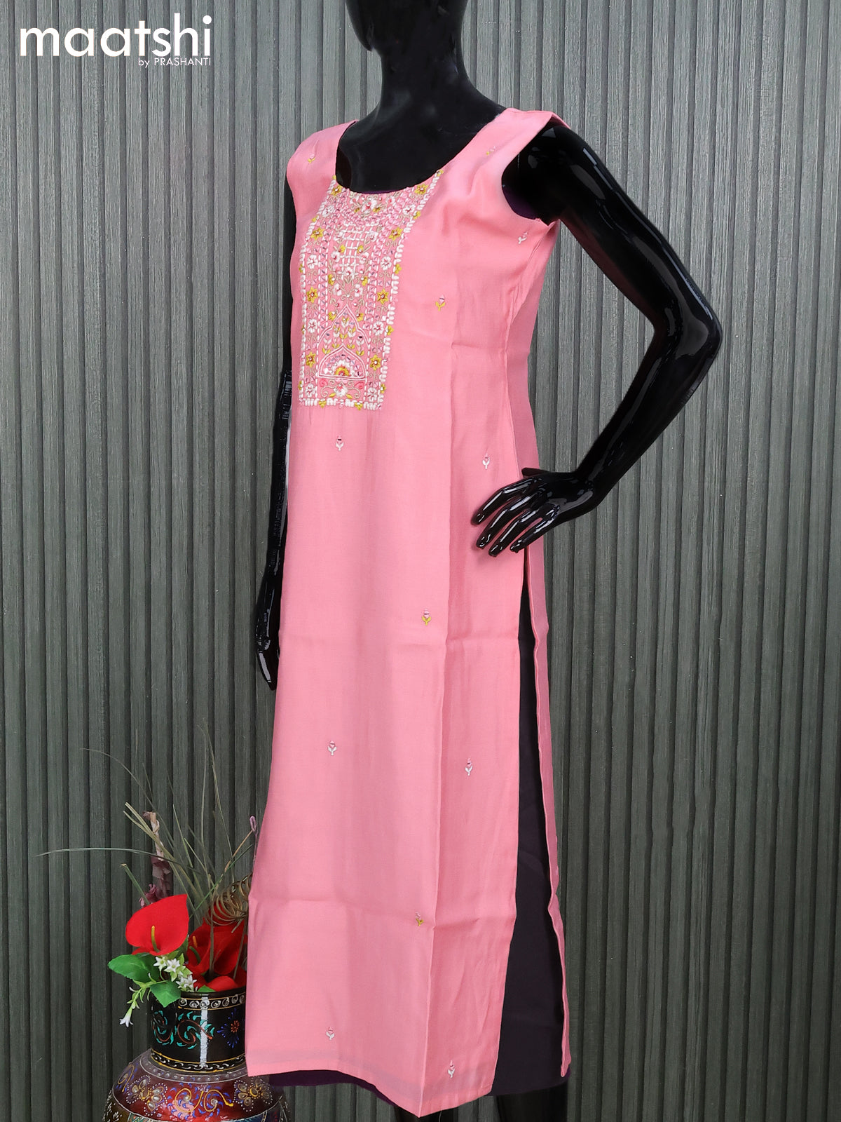 Raw silk salwar suit pink with embroidery mirror work neck pattern and straight cut pant & organza dupatta - sleeves attached