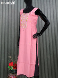 Raw silk salwar suit pink with embroidery mirror work neck pattern and straight cut pant & organza dupatta - sleeves attached