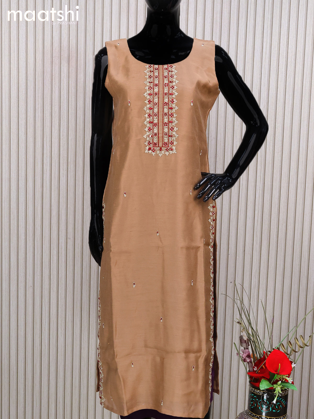 Chanderi readymade salwar suit brown shade with embroidery work neck pattern and straight cut pant & sequin work dupatta - sleeves attached