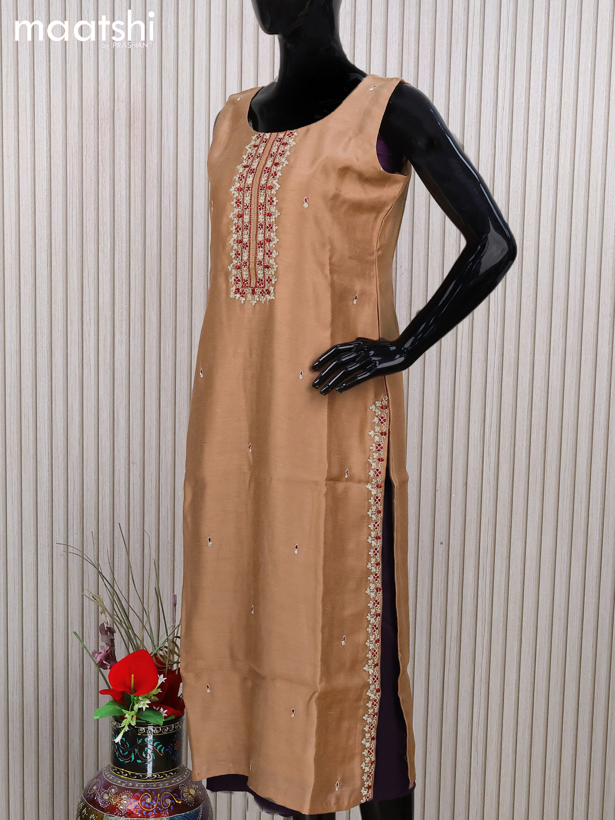 Chanderi readymade salwar suit brown shade with embroidery work neck pattern and straight cut pant & sequin work dupatta - sleeves attached
