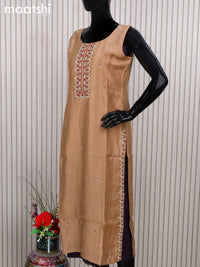 Chanderi readymade salwar suit brown shade with embroidery work neck pattern and straight cut pant & sequin work dupatta - sleeves attached