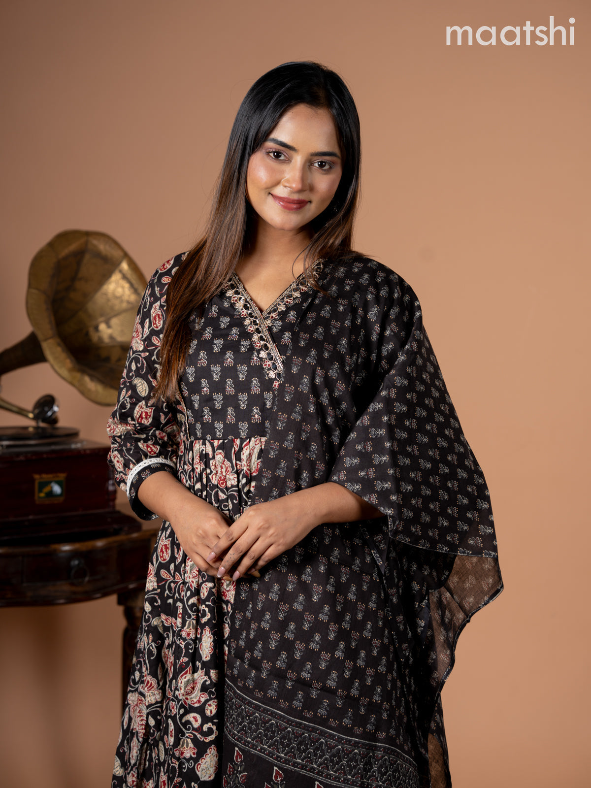 Anarkali salwar suit black with allover kalamkari prints & embroidery mirror work neck pattern and straight cut pant & dupatta
