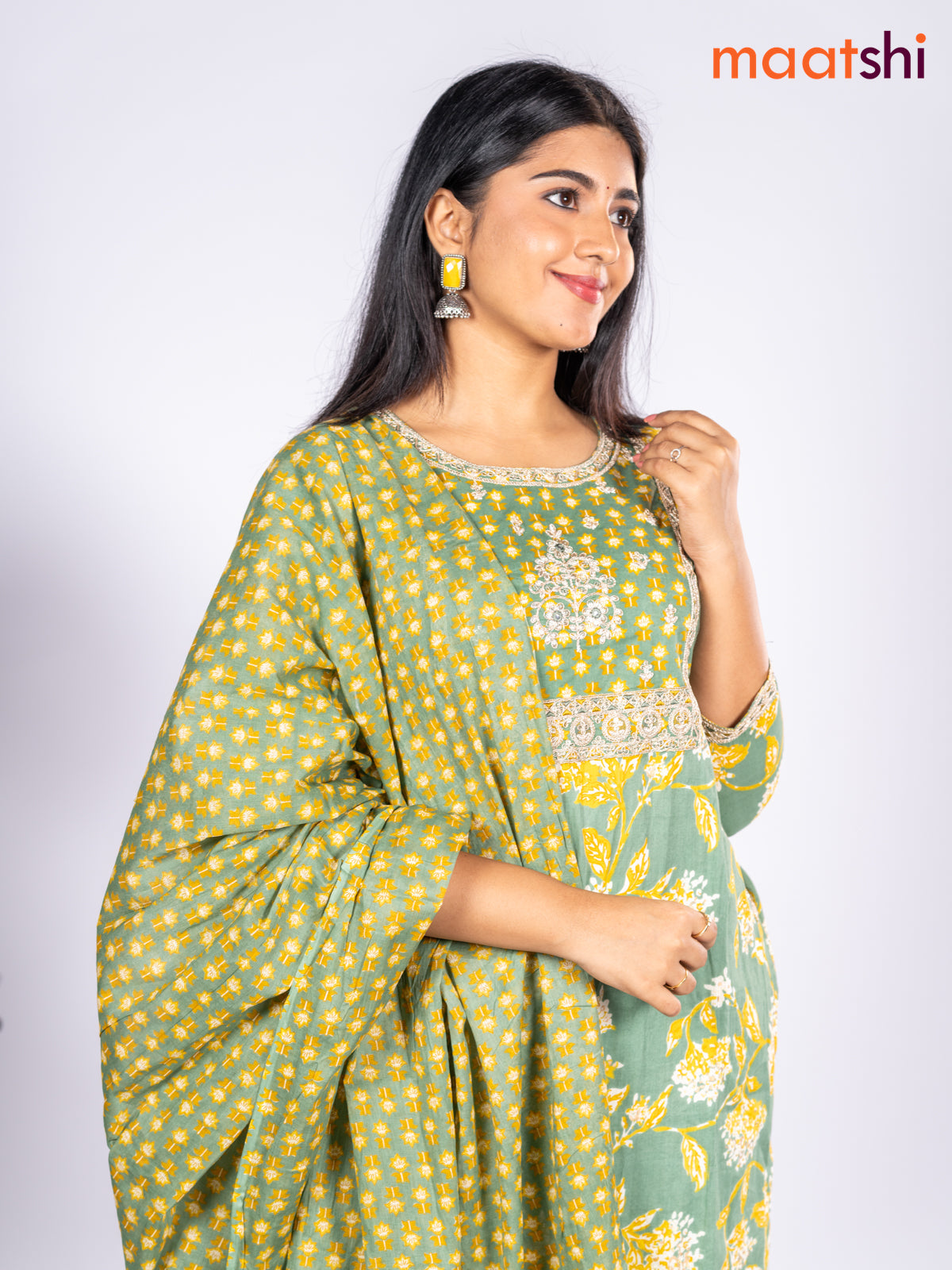 Cotton salwar suit green shade with allover prints & sequin lace work neck pattern and straight cut pant & dupatta