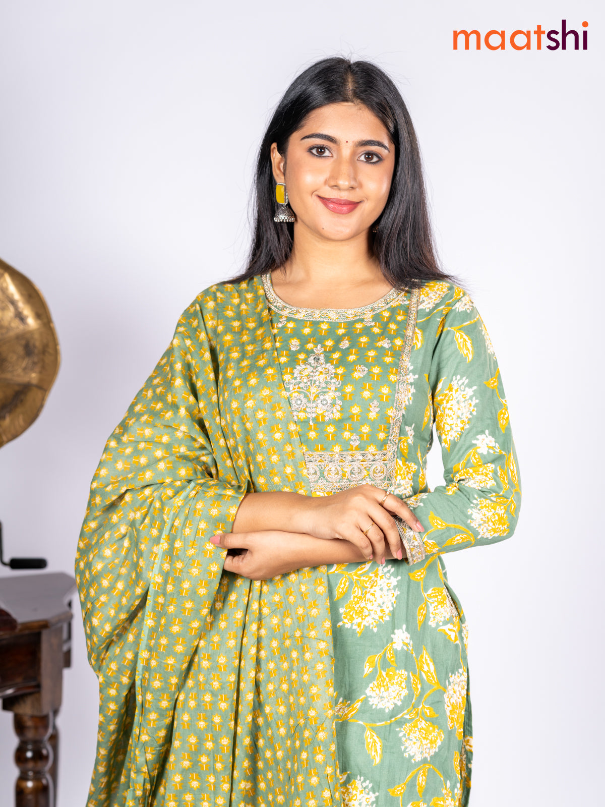 Cotton salwar suit green shade with allover prints & sequin lace work neck pattern and straight cut pant & dupatta