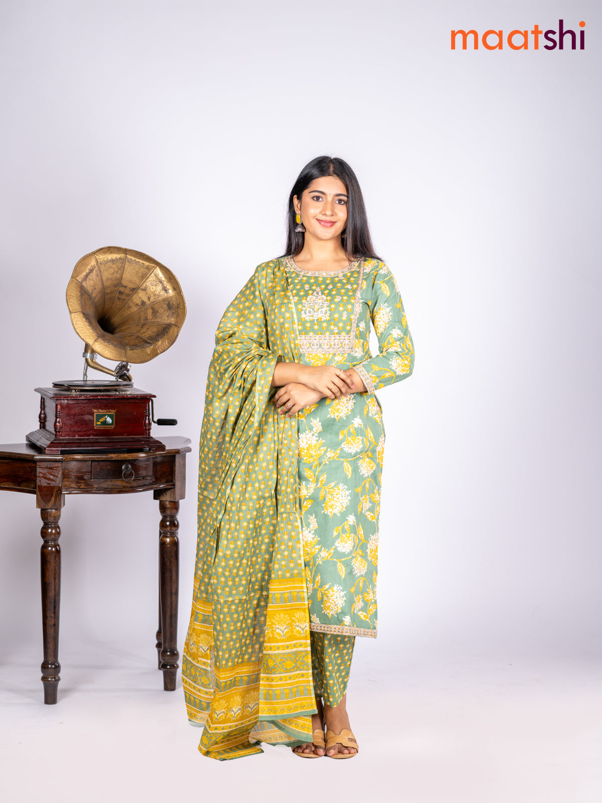 Cotton salwar suit green shade with allover prints & sequin lace work neck pattern and straight cut pant & dupatta