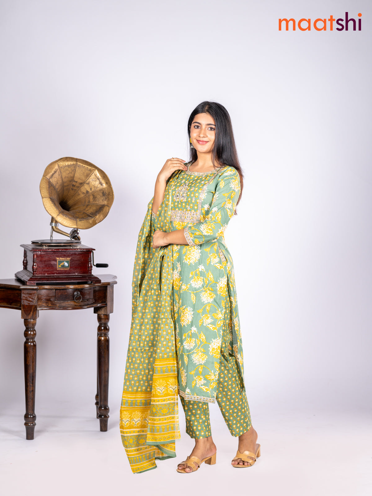 Cotton salwar suit green shade with allover prints & sequin lace work neck pattern and straight cut pant & dupatta