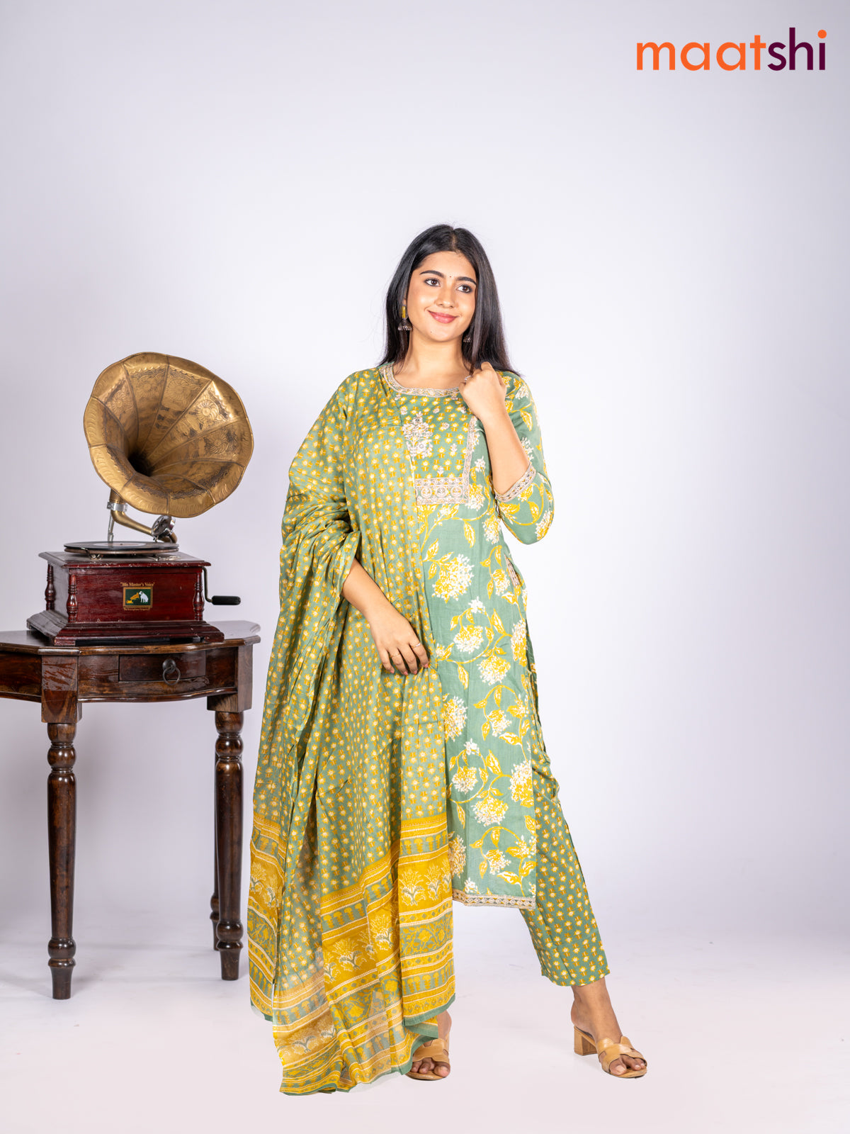 Cotton salwar suit green shade with allover prints & sequin lace work neck pattern and straight cut pant & dupatta