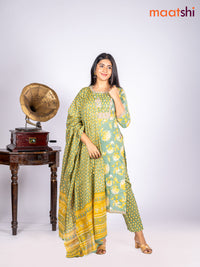 Cotton salwar suit green shade with allover prints & sequin lace work neck pattern and straight cut pant & dupatta