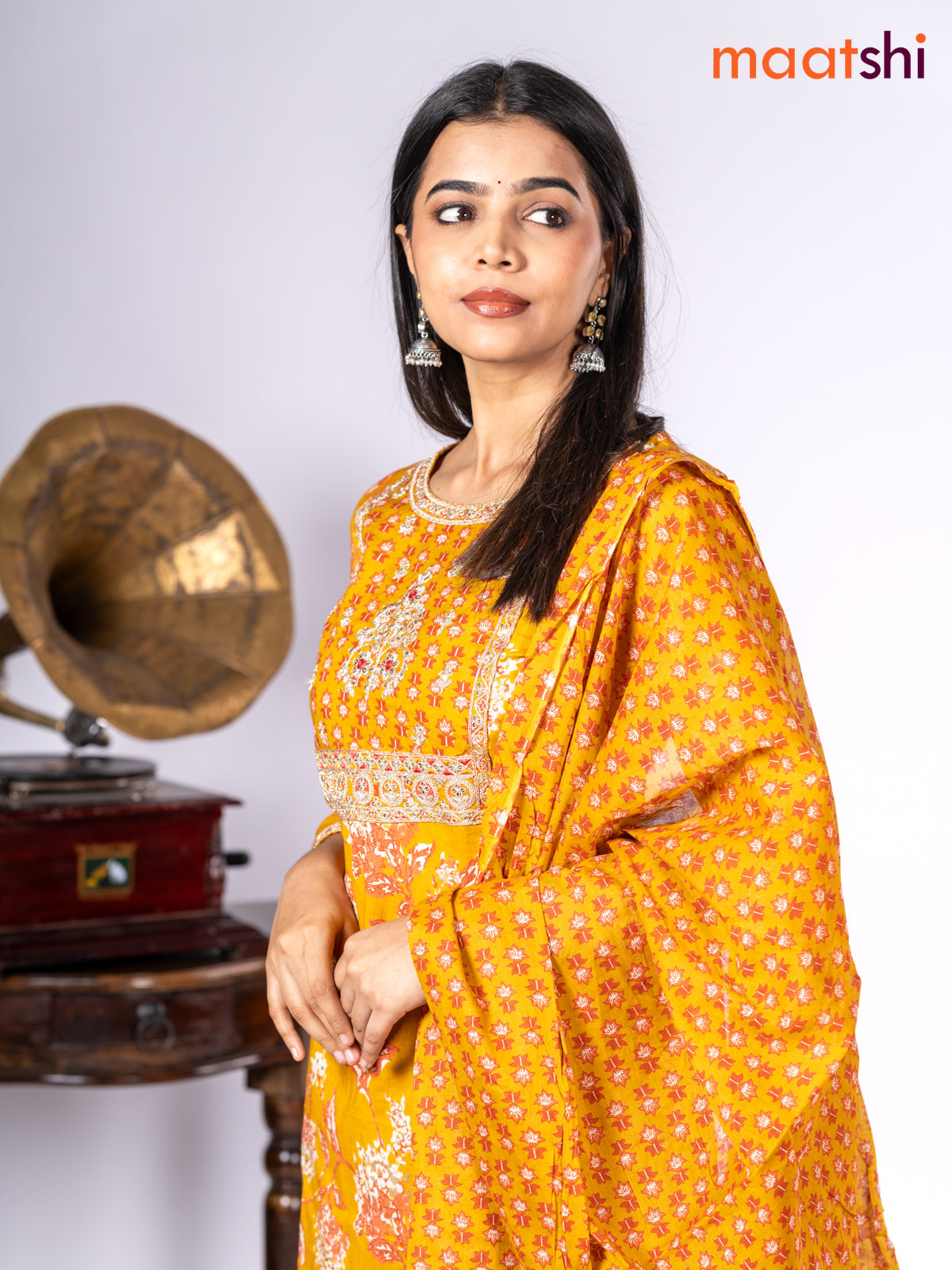 Cotton salwar suit mustard yellow with allover prints & sequin lace work neck pattern and straight cut pant & dupatta