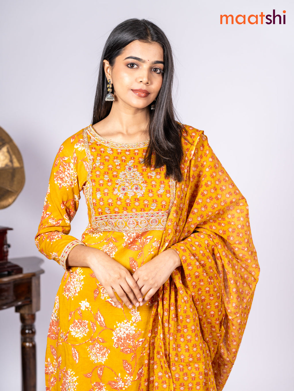 Cotton salwar suit mustard yellow with allover prints & sequin lace work neck pattern and straight cut pant & dupatta
