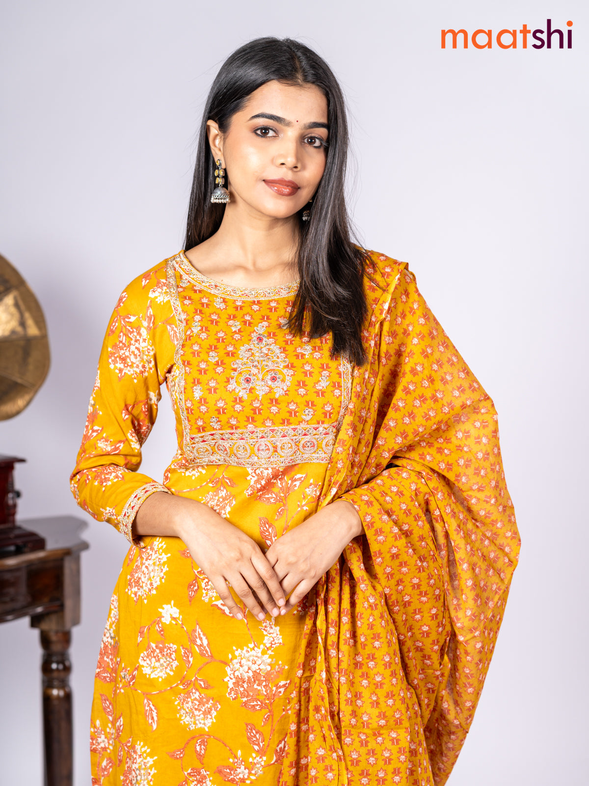 Cotton salwar suit mustard yellow with allover prints & sequin lace work neck pattern and straight cut pant & dupatta