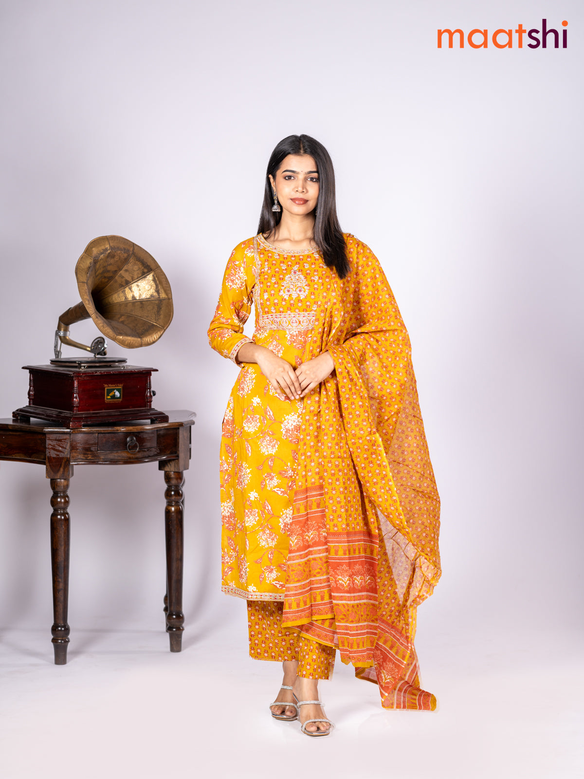 Cotton salwar suit mustard yellow with allover prints & sequin lace work neck pattern and straight cut pant & dupatta