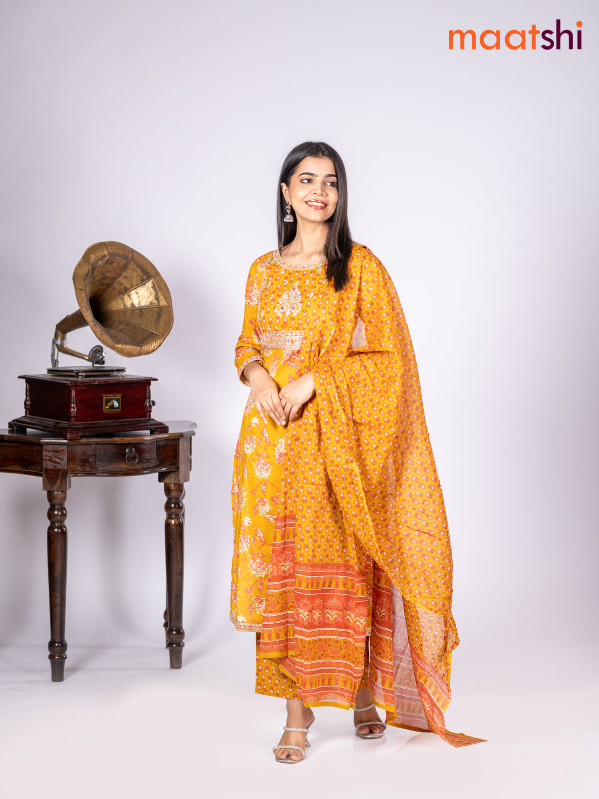 Cotton salwar suit mustard yellow with allover prints & sequin lace work neck pattern and straight cut pant & dupatta
