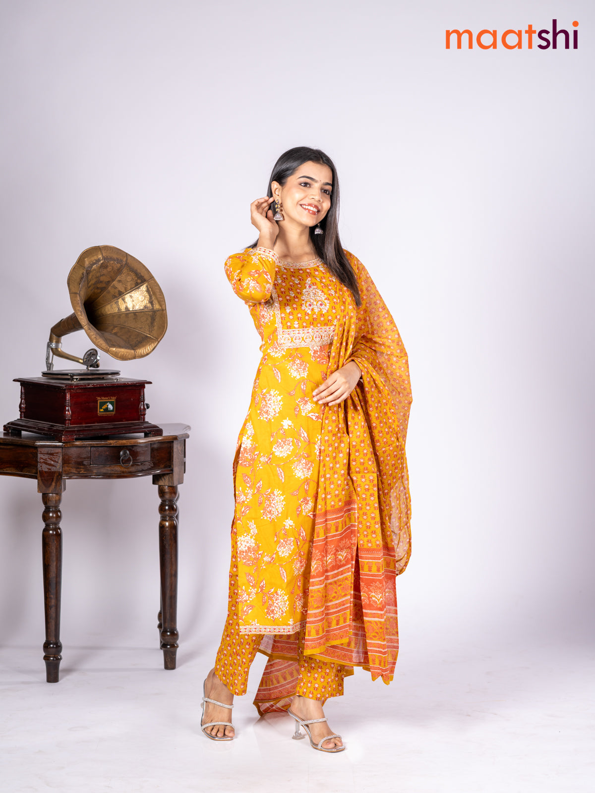 Cotton salwar suit mustard yellow with allover prints & sequin lace work neck pattern and straight cut pant & dupatta