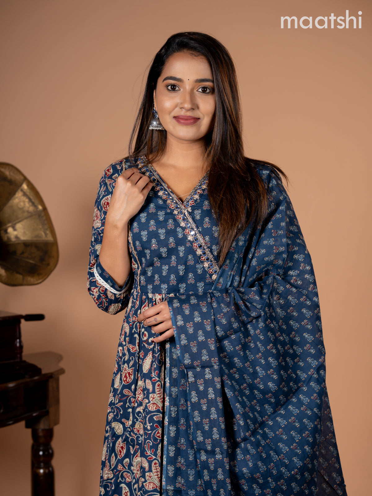 Anarkali salwar suit blue with allover kalamkari prints & embroidery mirror work neck pattern and straight cut pant & dupatta