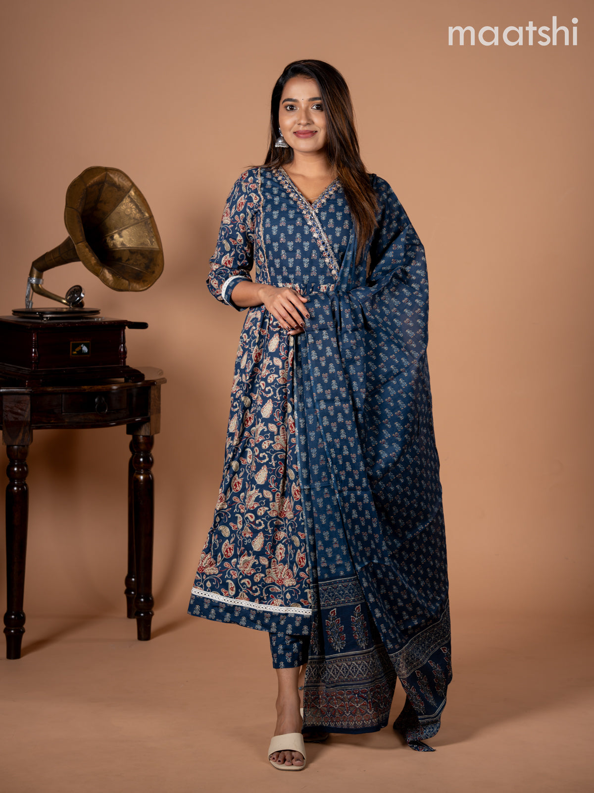 Anarkali salwar suit blue with allover kalamkari prints & embroidery mirror work neck pattern and straight cut pant & dupatta