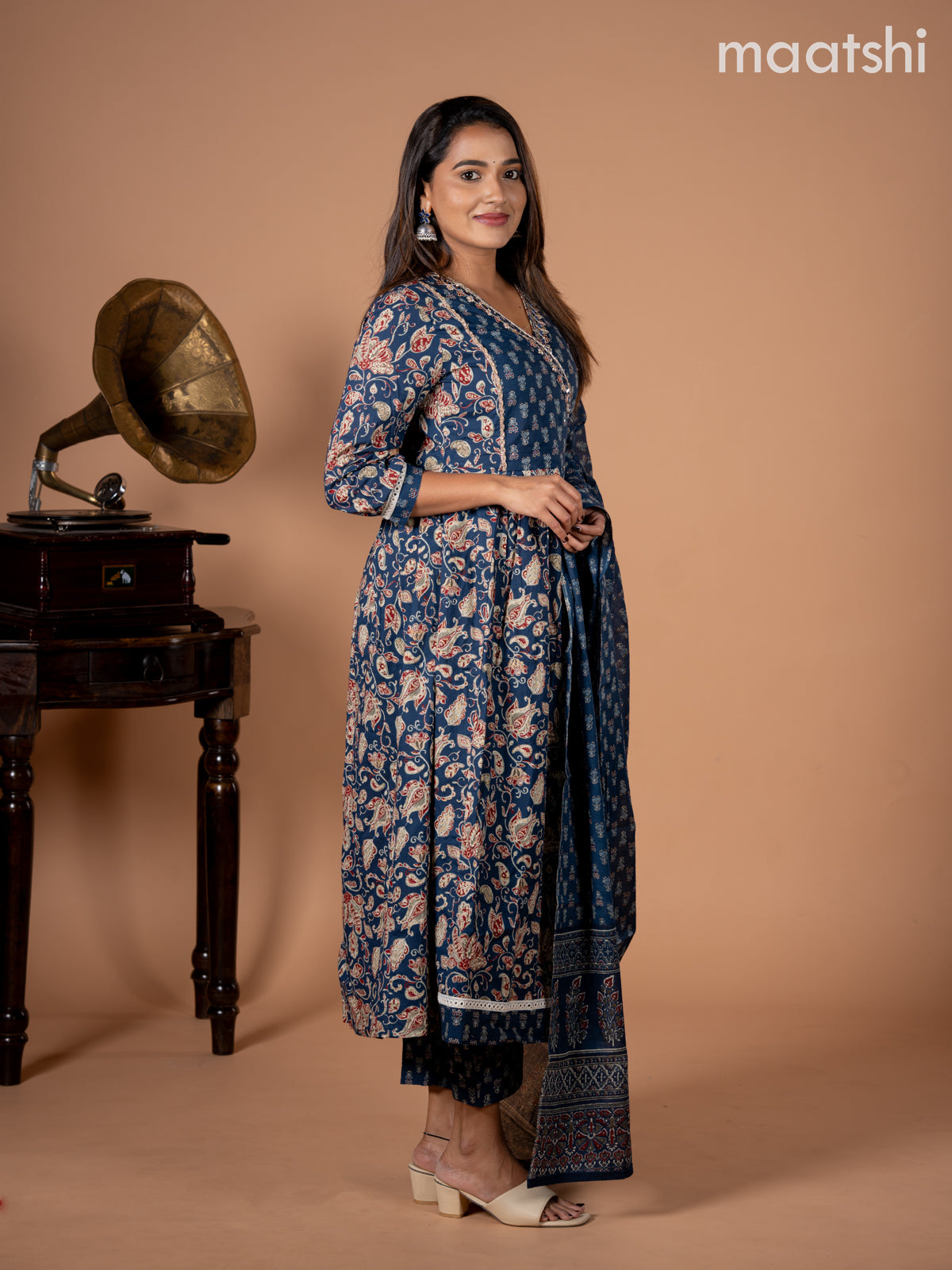 Anarkali salwar suit blue with allover kalamkari prints & embroidery mirror work neck pattern and straight cut pant & dupatta