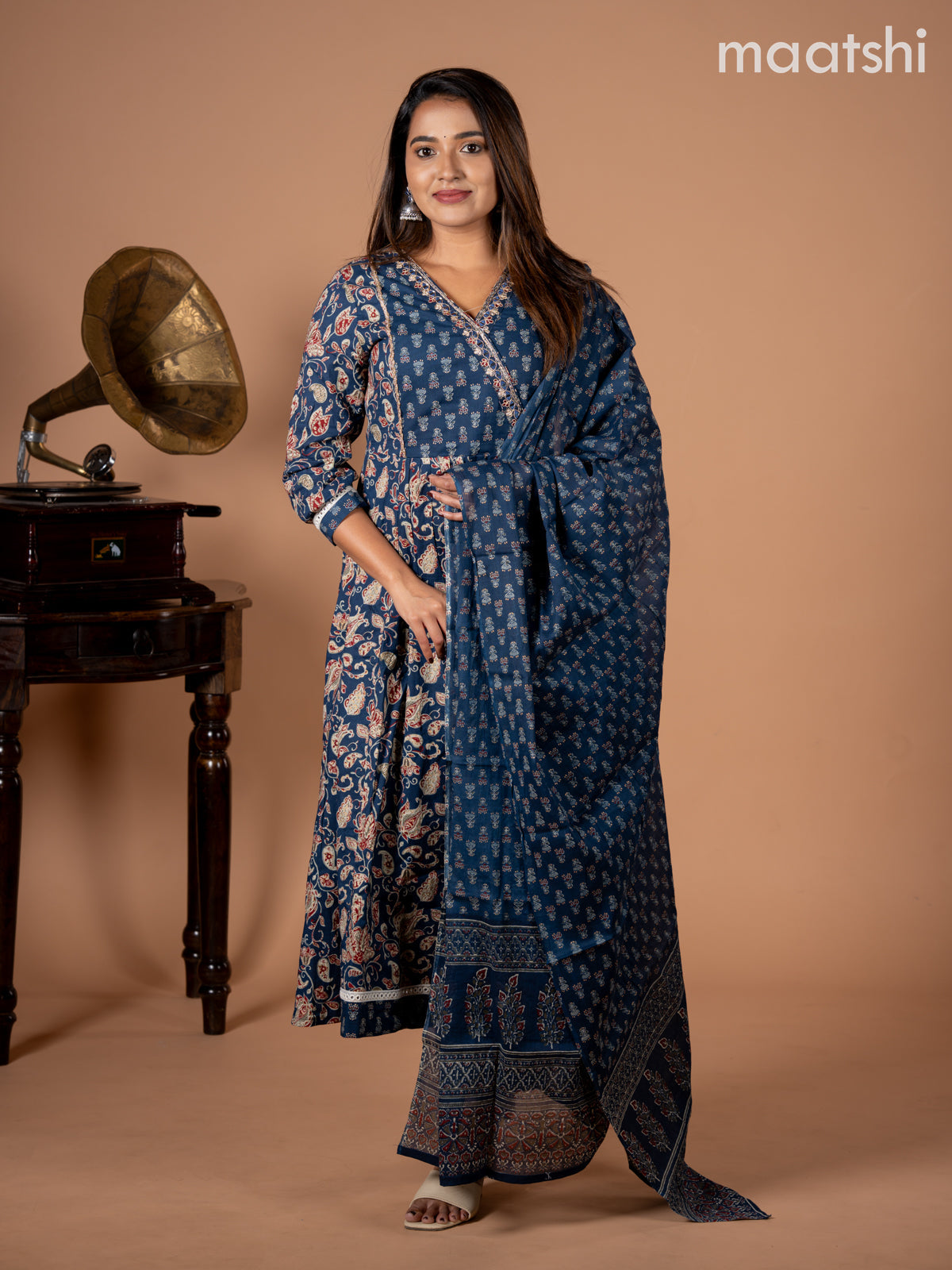 Anarkali salwar suit blue with allover kalamkari prints & embroidery mirror work neck pattern and straight cut pant & dupatta