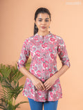 Cotton readymade short kurti cream and maroon with allover prints & collar neck pattern and without pant