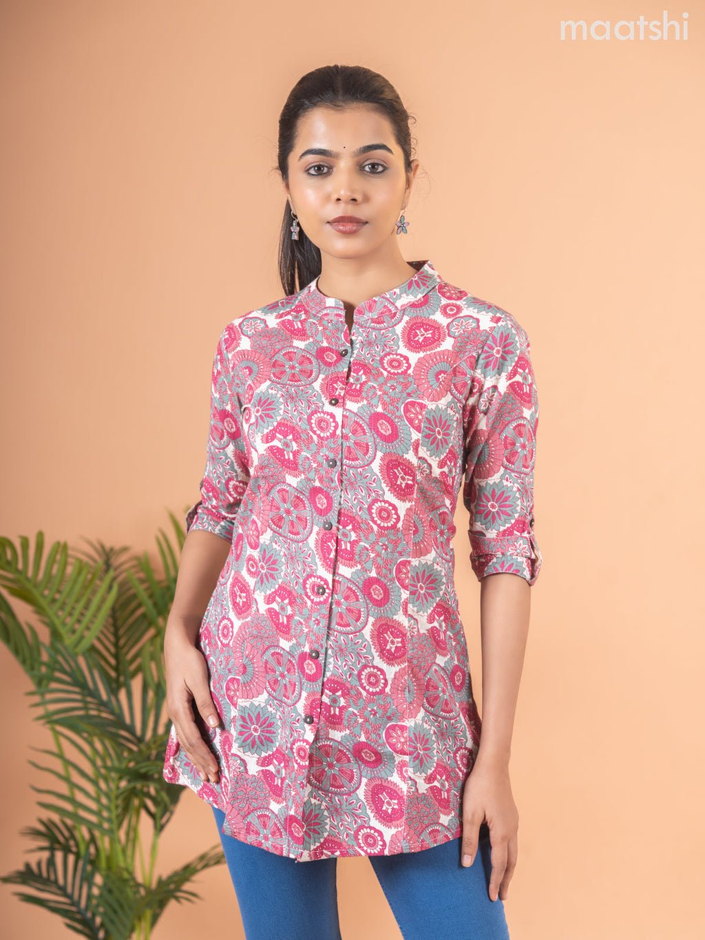 Cotton readymade short kurti cream and maroon with allover prints & collar neck pattern and without pant
