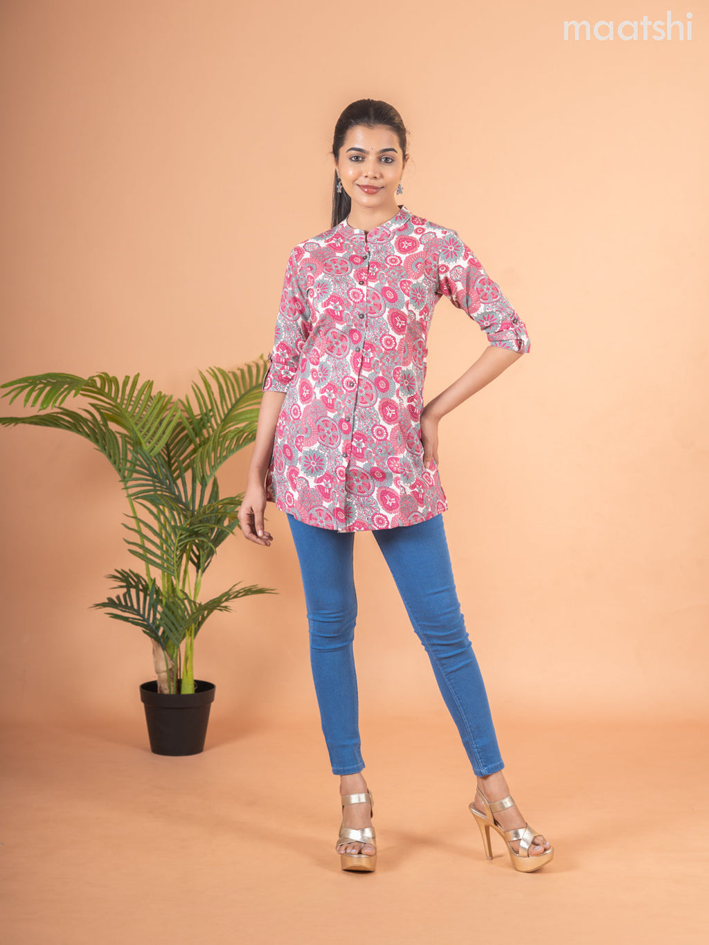 Cotton readymade short kurti cream and maroon with allover prints & collar neck pattern and without pant