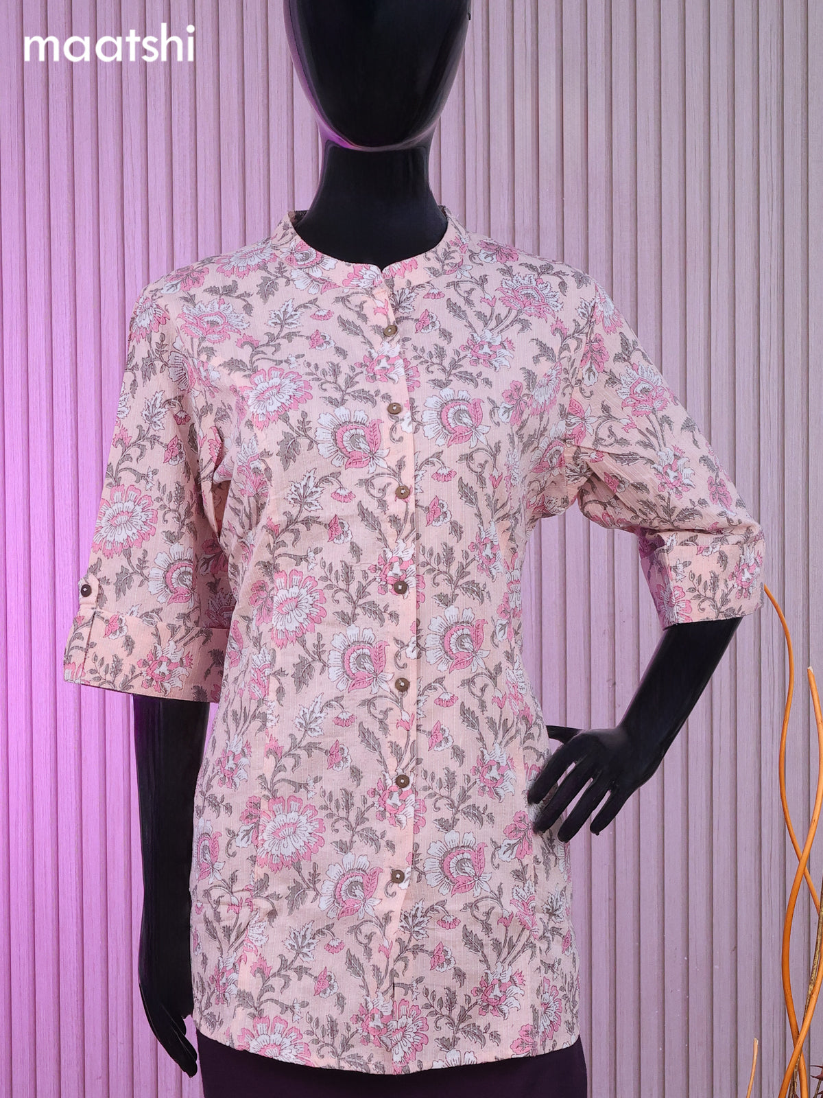 Cotton readymade short kurti baby pink with allover floral prints & thread stripes collar neck pattern and without pant