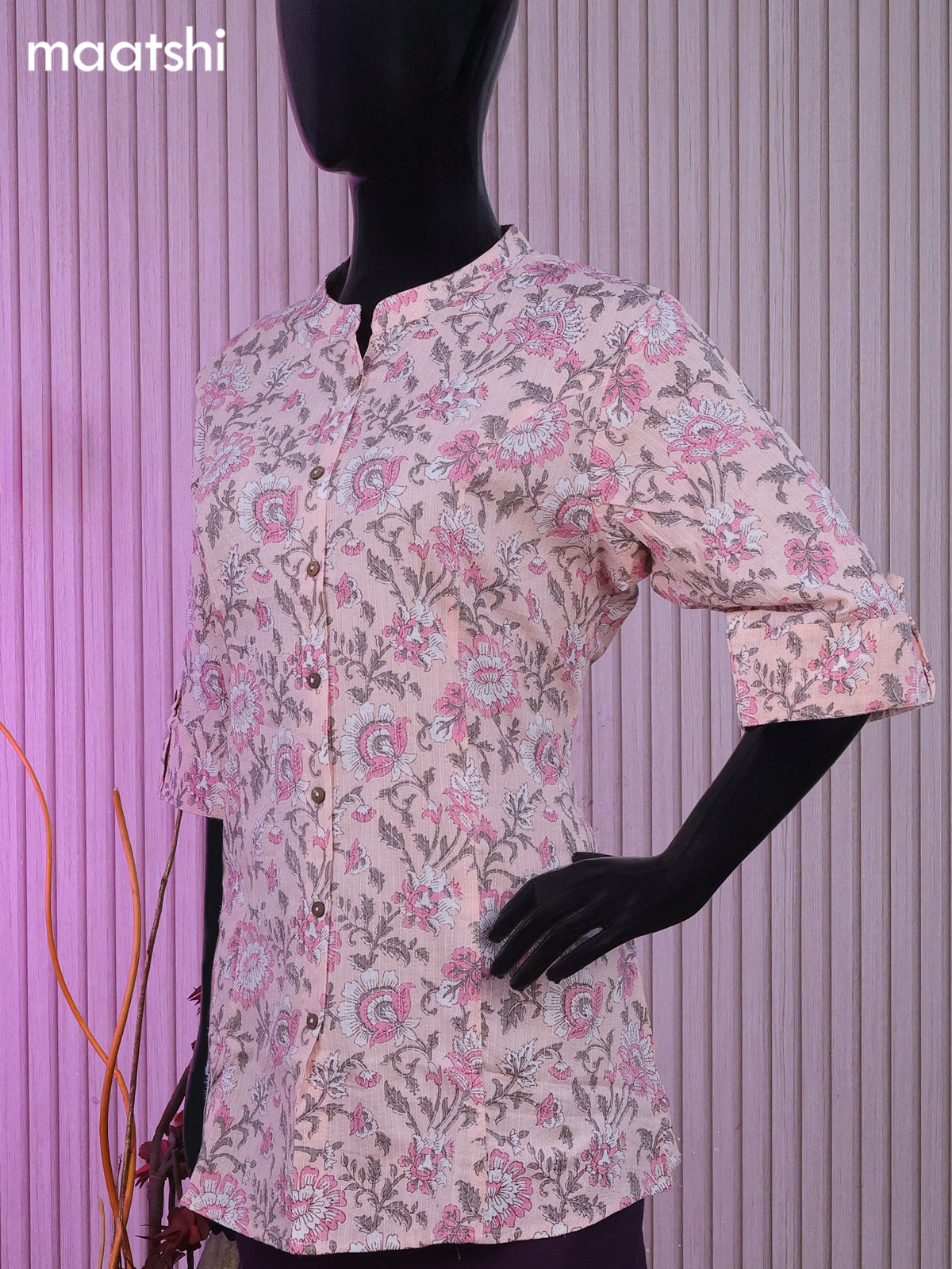 Cotton readymade short kurti baby pink with allover floral prints & thread stripes collar neck pattern and without pant