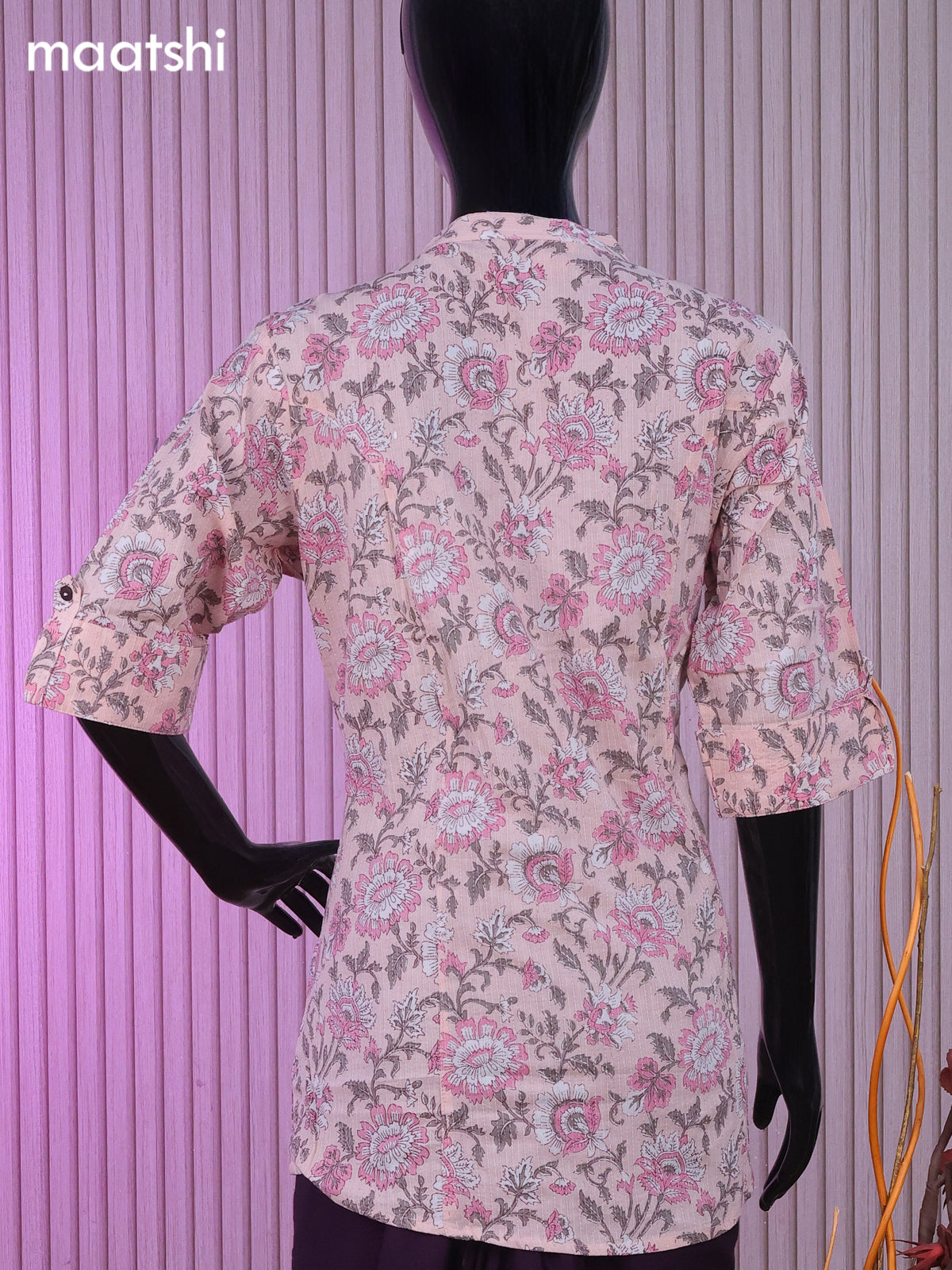 Cotton readymade short kurti baby pink with allover floral prints & thread stripes collar neck pattern and without pant