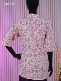 Cotton readymade short kurti baby pink with allover floral prints & thread stripes collar neck pattern and without pant