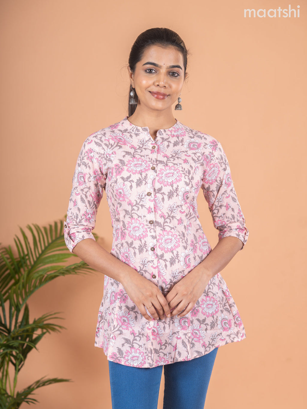 Cotton readymade short kurti baby pink with allover floral prints & thread stripes collar neck pattern and without pant