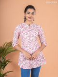 Cotton readymade short kurti baby pink with allover floral prints & thread stripes collar neck pattern and without pant