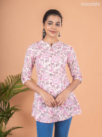 Cotton readymade short kurti baby pink with allover floral prints & thread stripes collar neck pattern and without pant