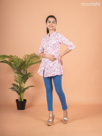 Cotton readymade short kurti baby pink with allover floral prints & thread stripes collar neck pattern and without pant