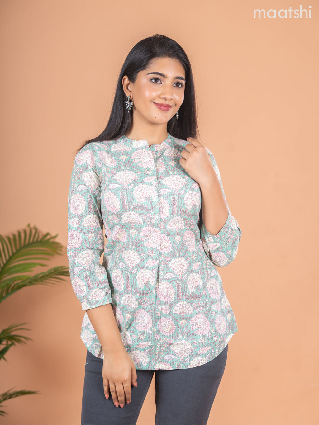 Cotton readymade short kurti pastel green with allover floral prints & thread stripes collar neck pattern and without pant