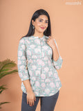 Cotton readymade short kurti pastel green with allover floral prints & thread stripes collar neck pattern and without pant