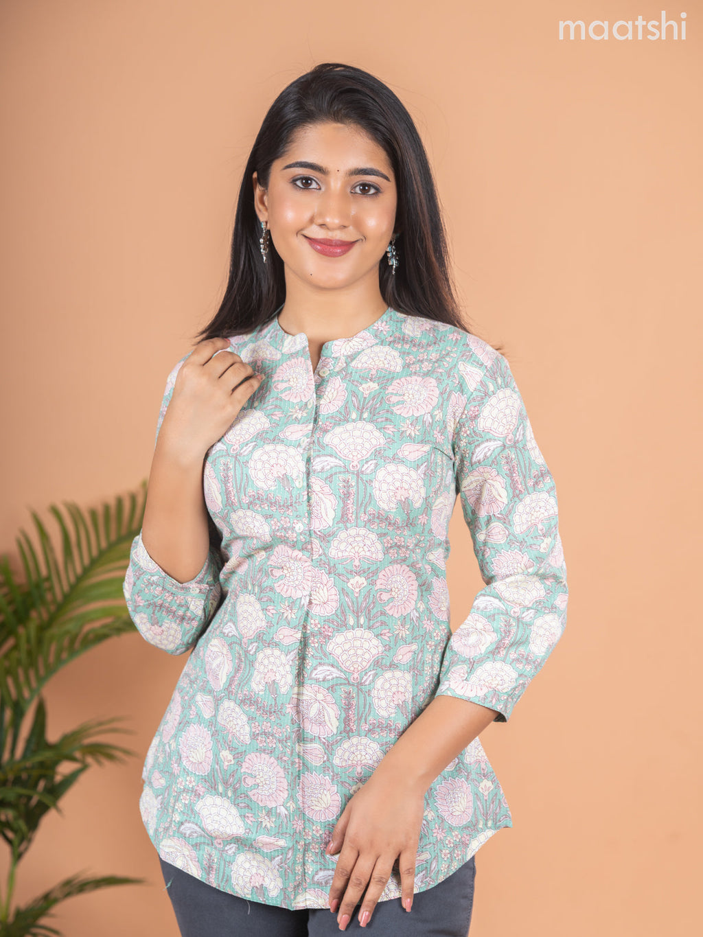 Cotton readymade short kurti pastel green with allover floral prints & thread stripes collar neck pattern and without pant