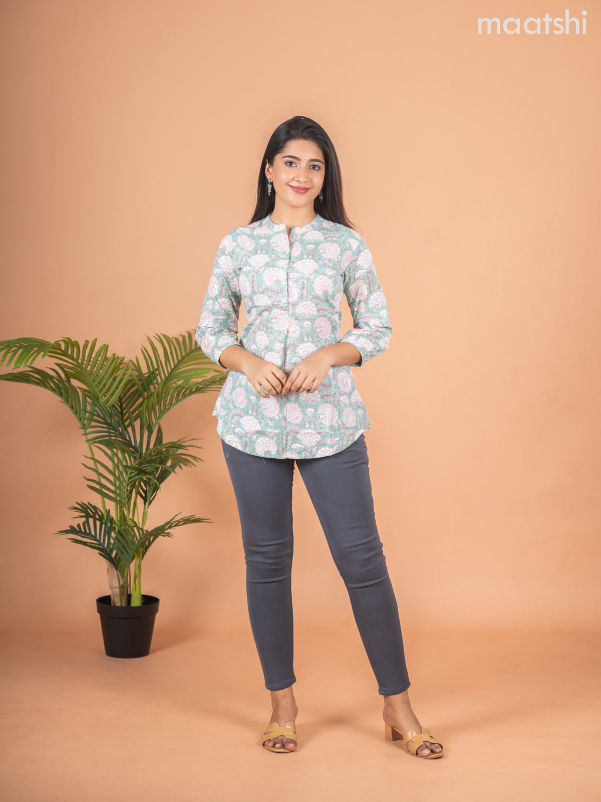 Cotton readymade short kurti pastel green with allover floral prints & thread stripes collar neck pattern and without pant