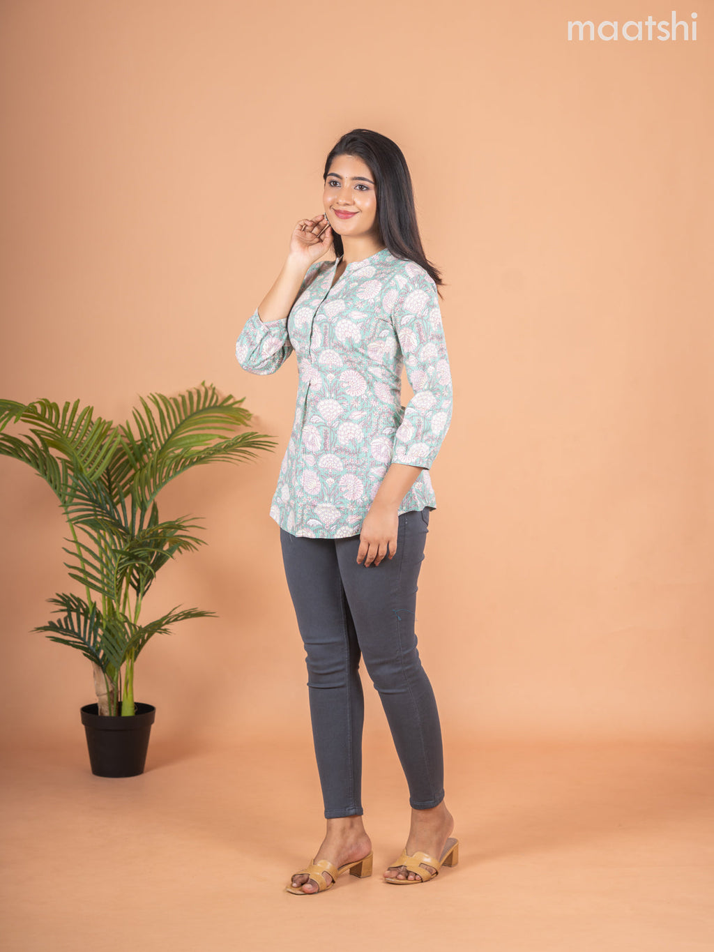 Cotton readymade short kurti pastel green with allover floral prints & thread stripes collar neck pattern and without pant