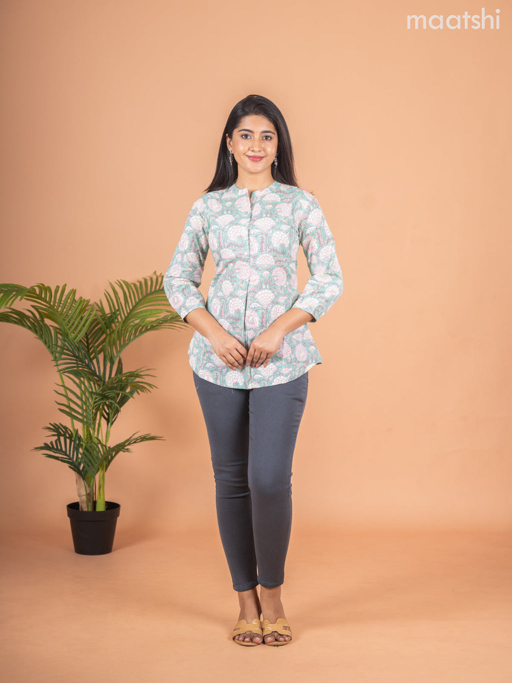 Cotton readymade short kurti pastel green with allover floral prints & thread stripes collar neck pattern and without pant