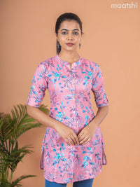 Rayon readymade short kurti peach pink shade with allover prints & collar neck pattern and without pant