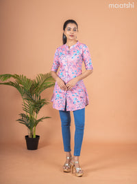 Rayon readymade short kurti peach pink shade with allover prints & collar neck pattern and without pant