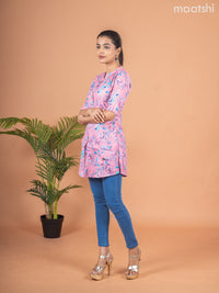 Rayon readymade short kurti peach pink shade with allover prints & collar neck pattern and without pant