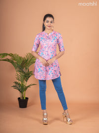 Rayon readymade short kurti peach pink shade with allover prints & collar neck pattern and without pant
