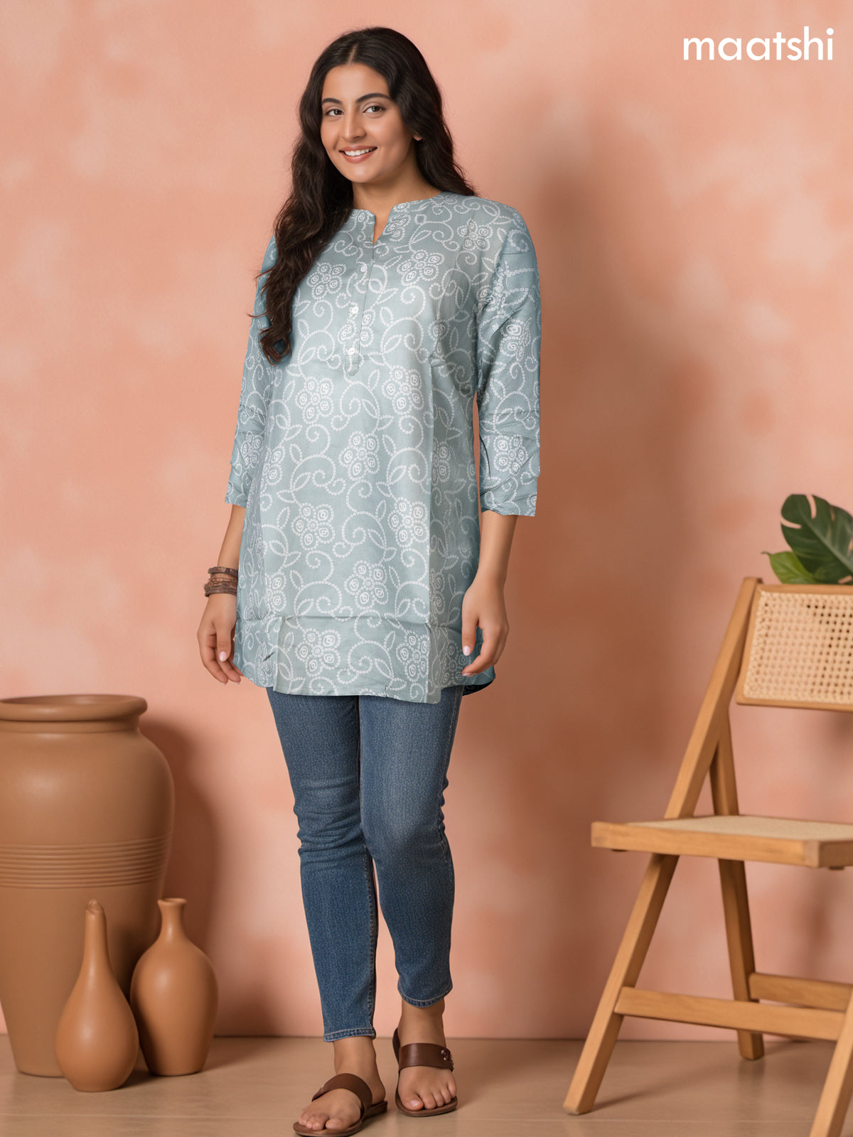 Soft cotton readymade short kurti pastel shade with allover bandhani prints & collar neck pattern and without pant